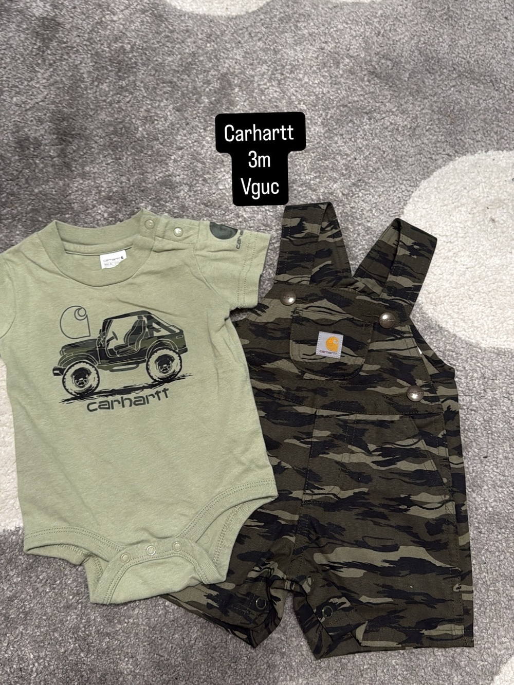 Carhartt Olive Green Graphic Onesie with Camo Short Overalls